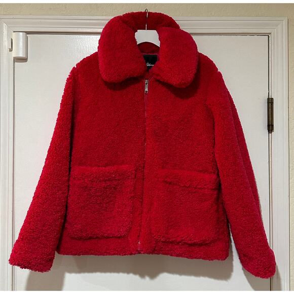 Sam Edelman Short Front Zip Teddy Coat Patch Pockets Hot Pink Faux Fur Small NWT - Picture 2 of 15